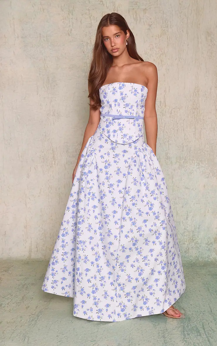 Baby Blue Floral Printed Cotton Midaxi Skirt | PrettyLittleThing US