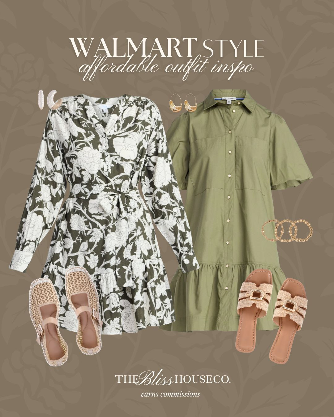 Easy spring dresses from Walmart. Breezy florals, soft olive shirtdress, woven flats and everyday gold accents for effortless warm-weather outfits.

Walmart fashion, affordable style, midi dress, floral print, green shirtdress, casual chic, neutral sandals, espadrilles, gold hoops, stack bracelets, vacation looks, teacher outfits, brunch wear, capsule wardrobe, spring trends, budget finds. 

 #LTKootd #LTKWorkwear