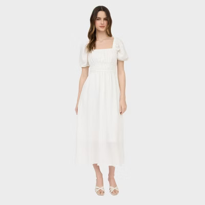 August Sky Women's Smocked Square Neckline Puff Sleeve Midi Dress, Off White, Medium | Target