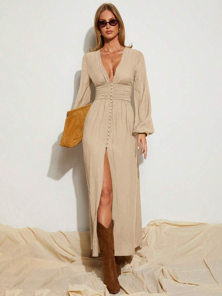 COSMINA Women's Elegant Brown High Slit Long Sleeve Dress, Suitable For Resort Vacation, Spring/S... | SHEIN