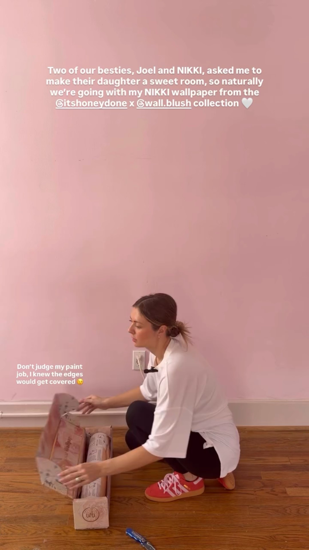 Don’t judge my paint job, I knew the edges would get covered 😉 Two of our besties, Joel and NIKKI, asked me to make their daughter a sweet room, so naturally we’re going with my NIKKI wallpaper from the @itshoneydone x @wall.blush collection 🤍