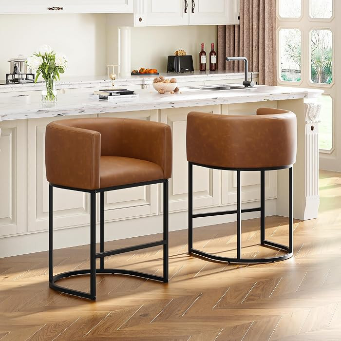 26" H Counter Height Bar Stools Set of 2, Modern Barrel Counter Stools with Backrest and Arms, Fa... | Amazon (US)