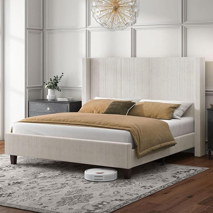 HOWE Queen Size Bed Frame with 50.8" Tall Wingback Headboard, Modern Corduroy Upholstered Platfor... | Amazon (US)