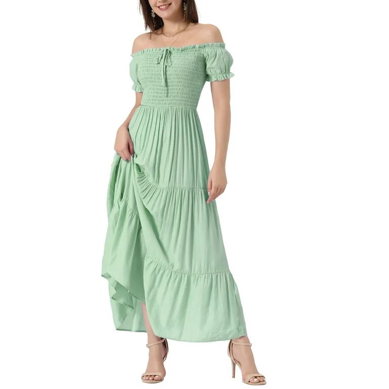 Smocked Tiered Dress for Women’s Round Neck Puff Sleeves Ruffle Midi Dresses | Walmart (US)
