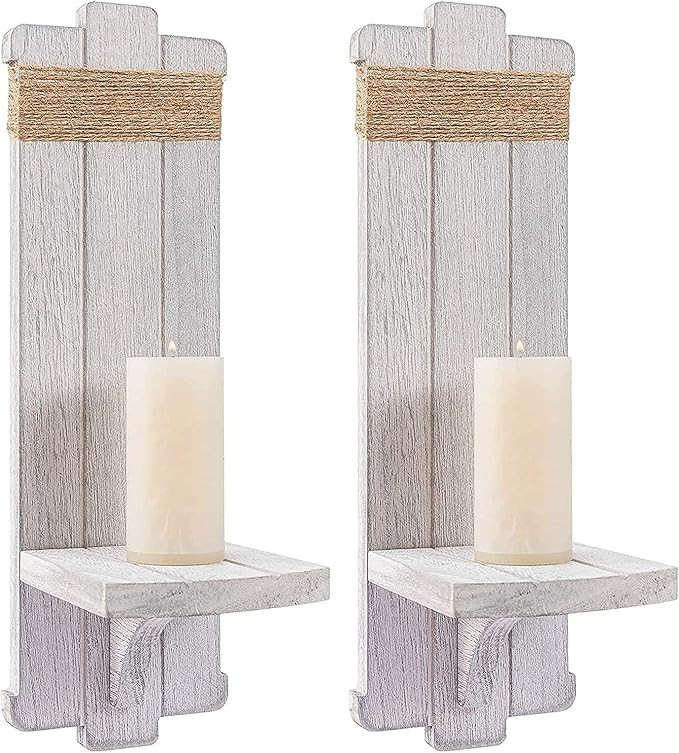 2 PCS Farmhouse Wall Hanging Candle Sconces - Nordic Style Handmade Wooden Wall-Mount Candle Hold... | Amazon (US)