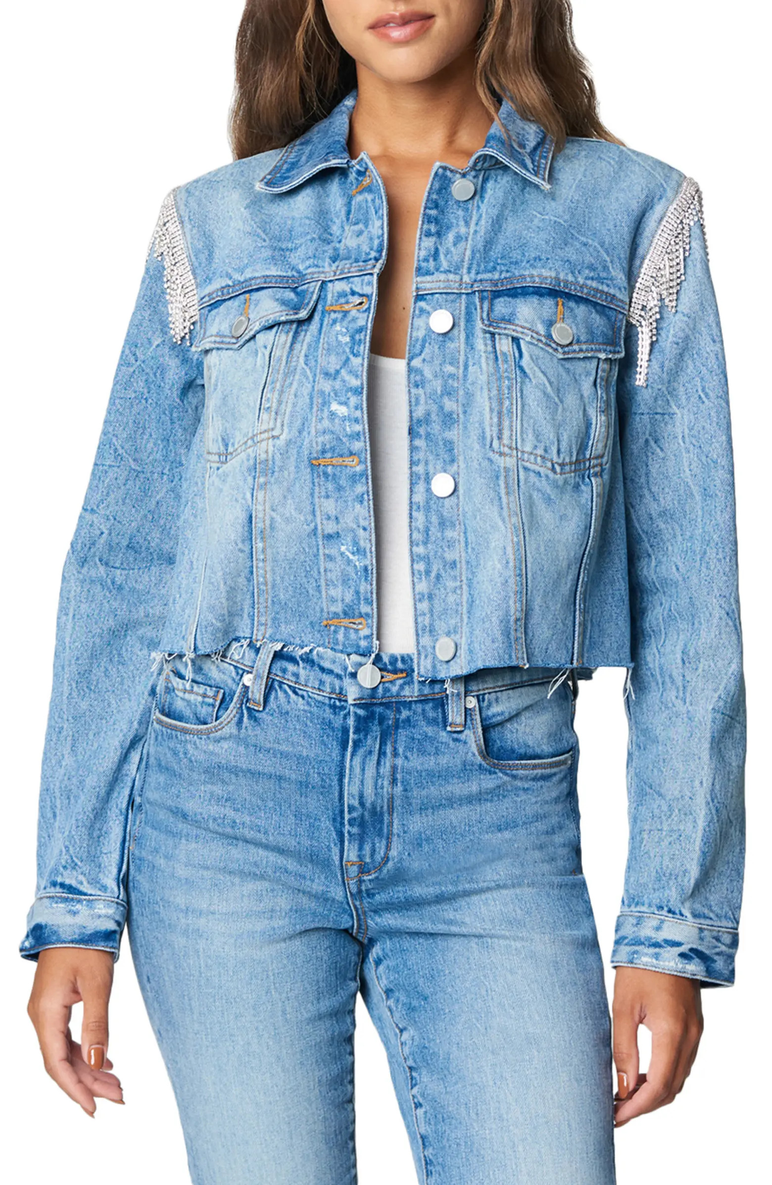 BLANKNYC Rhinestone Fringe Crop Denim Trucker Jacket | Nordstrom | Nordstrom