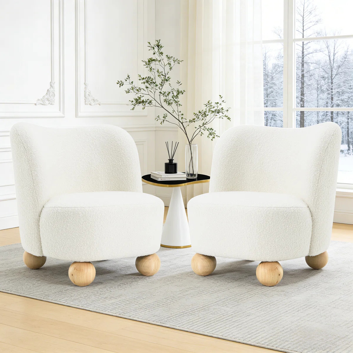 2-Pieces Modern Boule Accent Chair With Curve Backrest Upholstered Lounge Chair With Wooden Ball ... | Wayfair North America