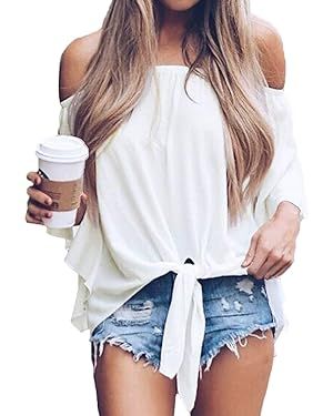 LuckyMore Off The Shoulder Tops Women Summer 3/4 Bell Sleeve Tie Knot Boho Shirt Blouses | Amazon (US)