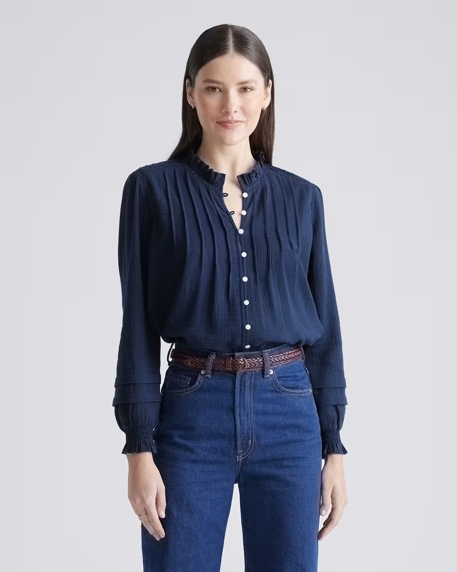 Navy Organic Textured Cotton Peasant Blouse | Quince