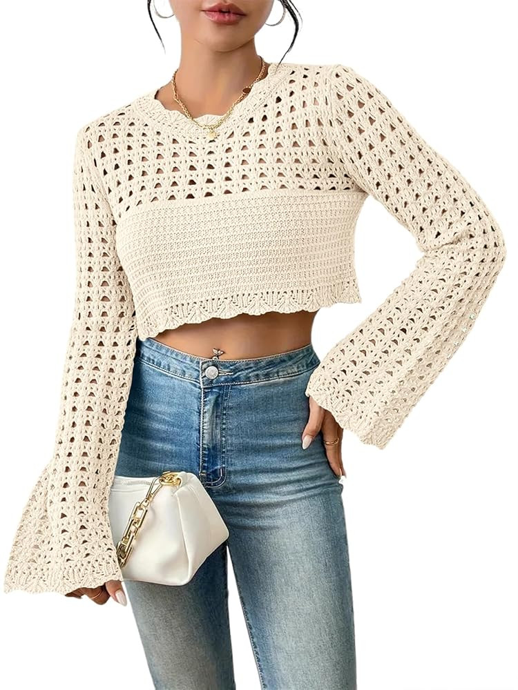 Women's Crochet Lightweight Crop Sweaters Summer Boho Tops Long Sleeve Hollow Out Short Knitwear | Amazon (US)