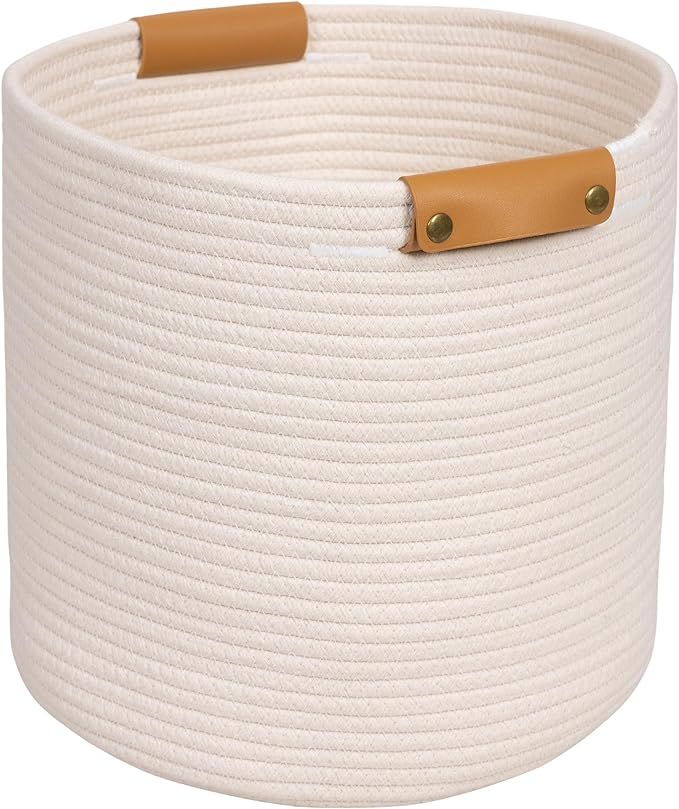 Stylish White Rope Basket Woven 12x12 Round Storage Bin for Towels, Yoga Mats, Yarn - Organizing ... | Amazon (US)