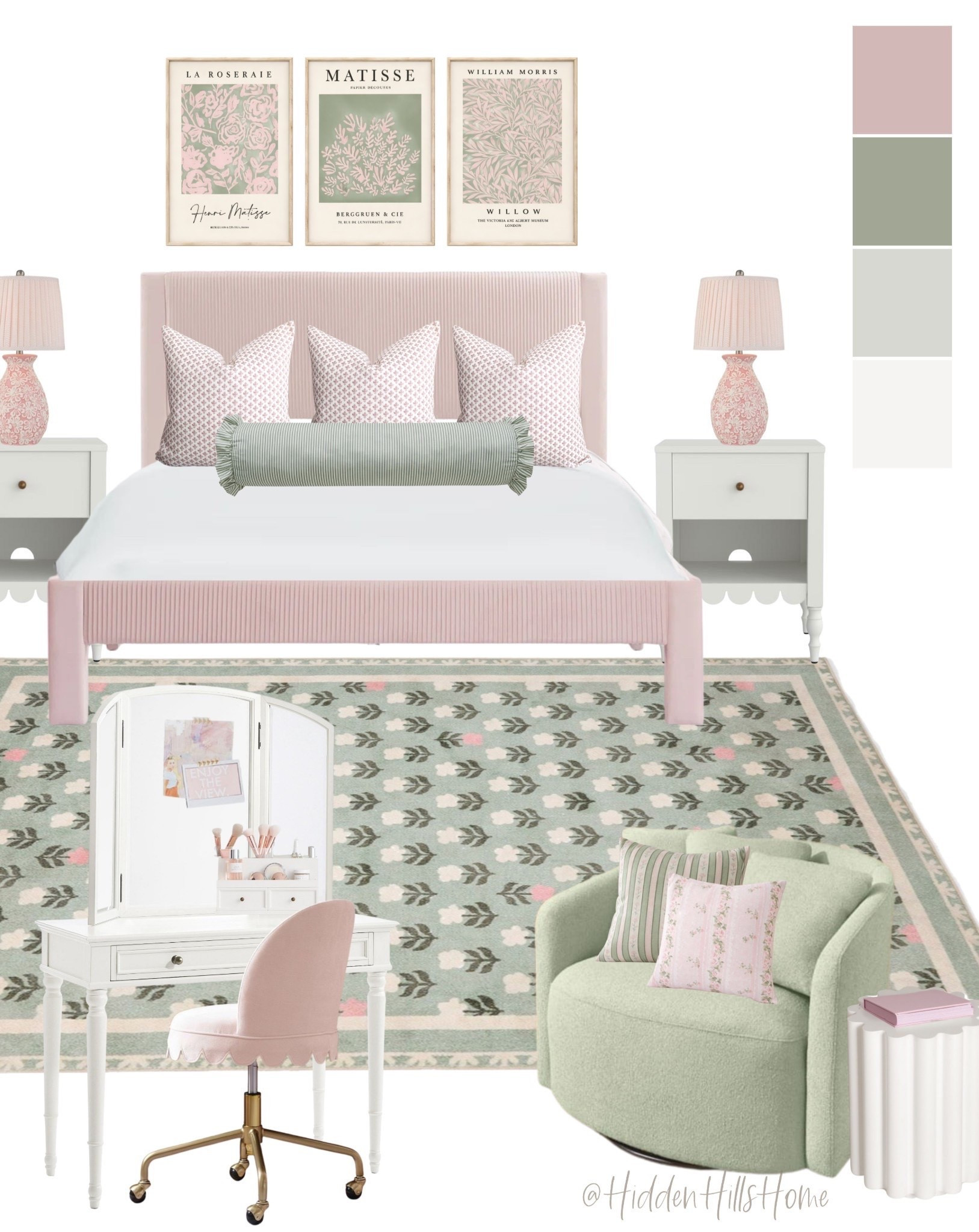 Pink and green girls bedroom decor mood board! Girls room design, tween girls room inspiration, home decor ideas, bedding, rug, nightstands, kids room #girls

#LTKHome #LTKSaleAlert #LTKKids
