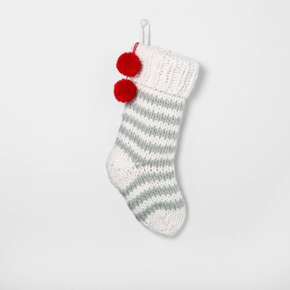 Holiday Stocking Sour Cream / Silver Green with Red Pom - Hearth & Hand™ with Magnolia | Target