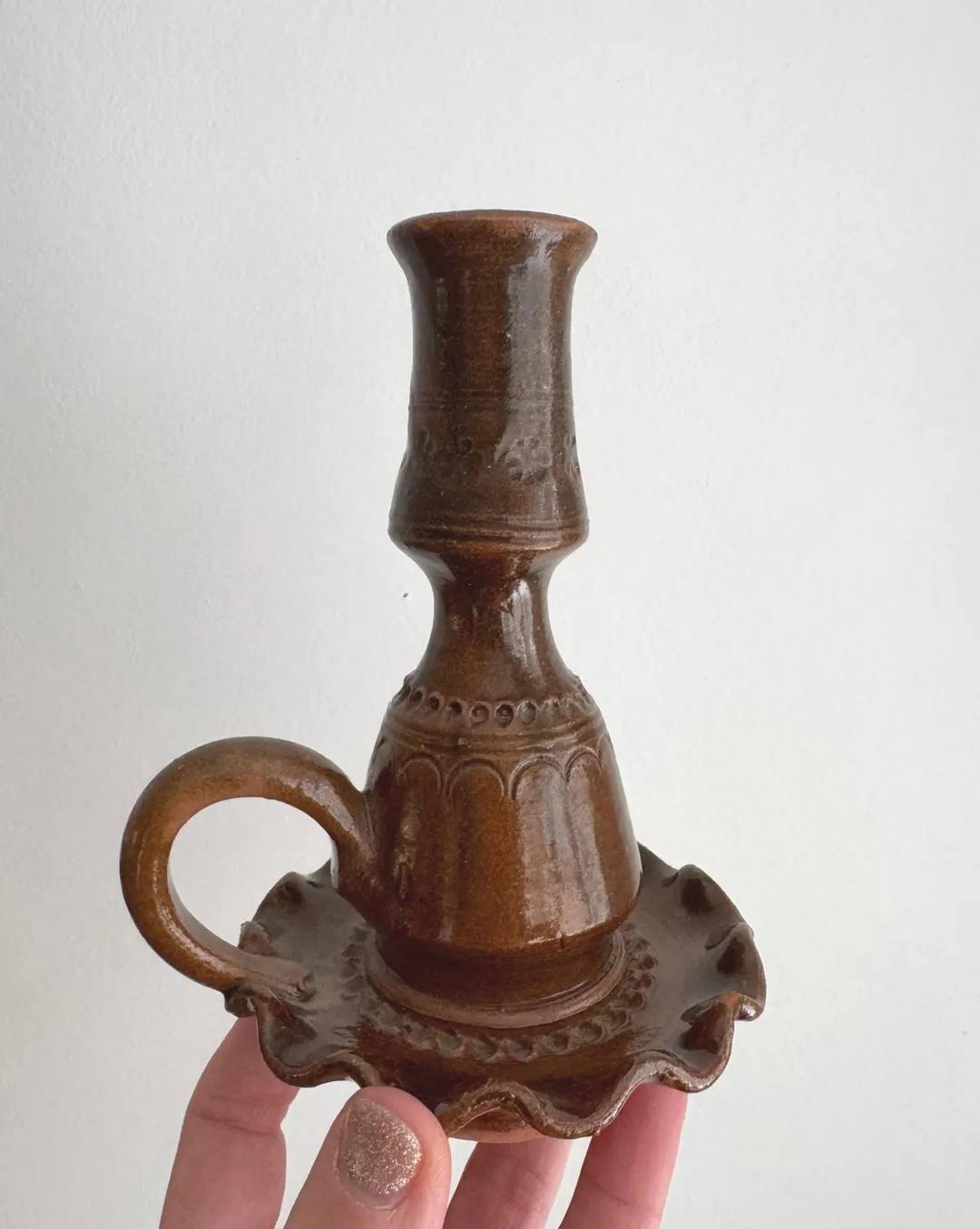 Vintage Pottery Candlestick Holder With Ruffle Detailing, Hand Stamped and Sweet Handle. Very Cot... | Etsy (US)