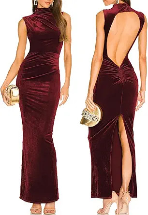 Capuffy Women Backless Velvet Maxi Dress Sexy Split Ruched Bodycon Formal Dress Open Back Cocktai... | Amazon (US)