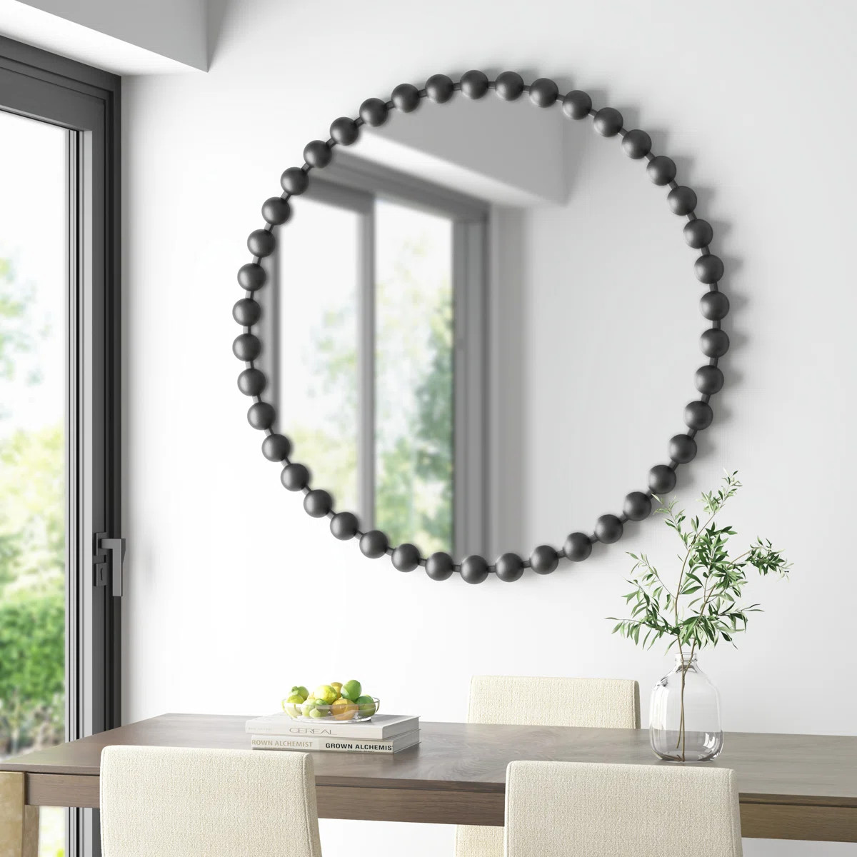 Marlowe Black 36" Dia. Round Beaded Wall Mirror with Iron Metal Frame | Wayfair North America