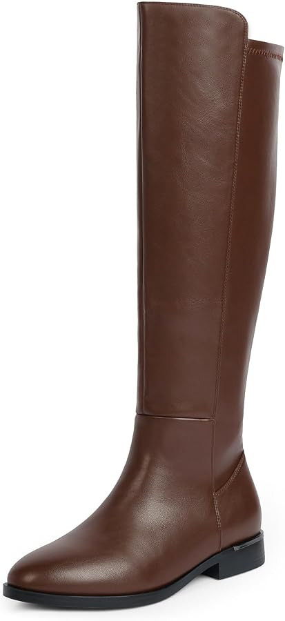 Rounded Toe Flat Stretchy Dress Knee High Boots Side Zipper | Amazon (US)