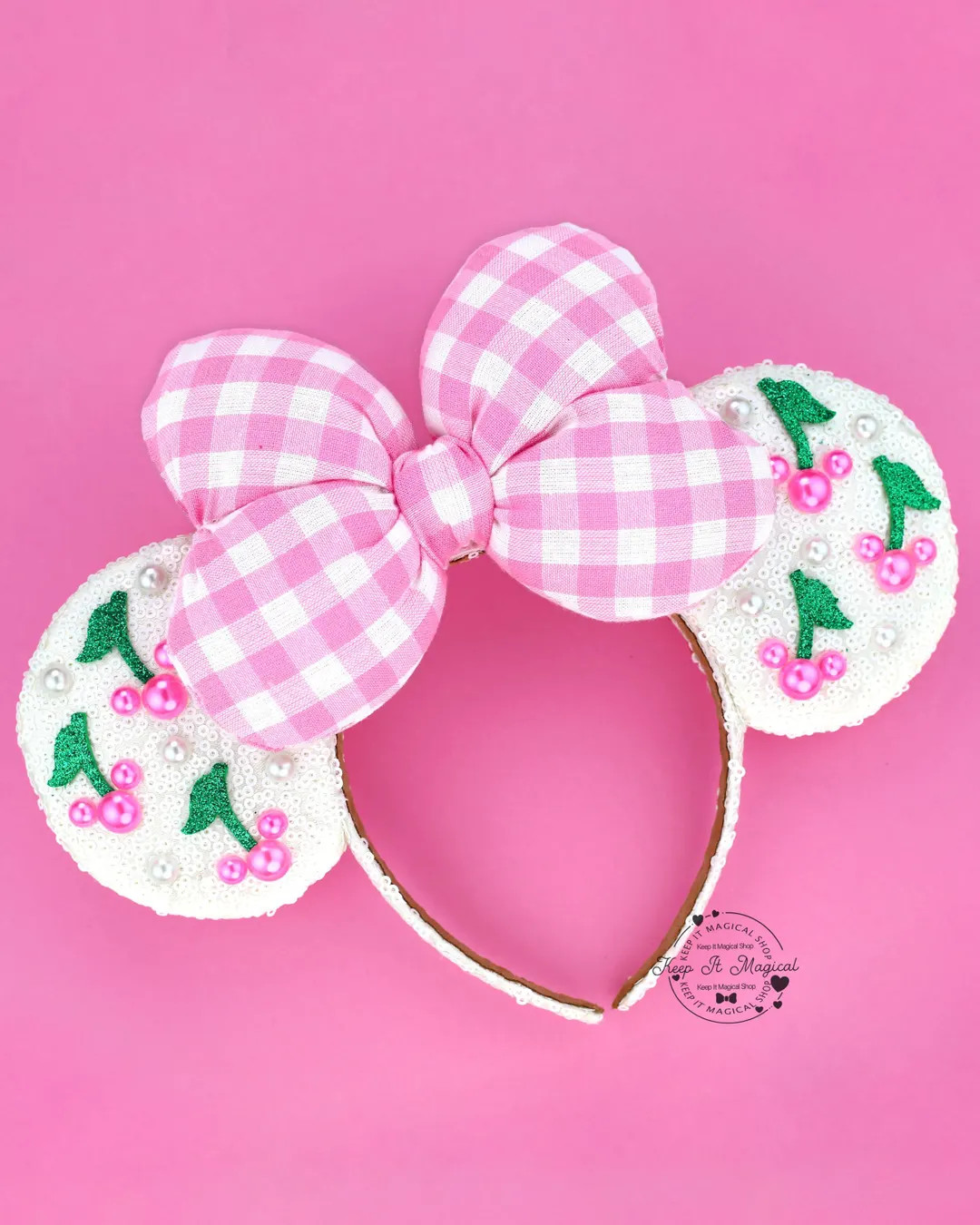 Cherry Minnie Ears Pink Cherries Mickey Ears Headband Cherry Ears Pink Gingham Mickey Ears Bow Pe... | Etsy (Global)