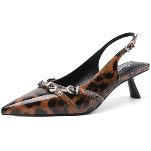 Mostrin Leopard Slingback Kitten Heels Pointed Toe Pumps Patent Leather Low Heel Dress Shoes for Dating Party Working Size 7.5 | Amazon (US)