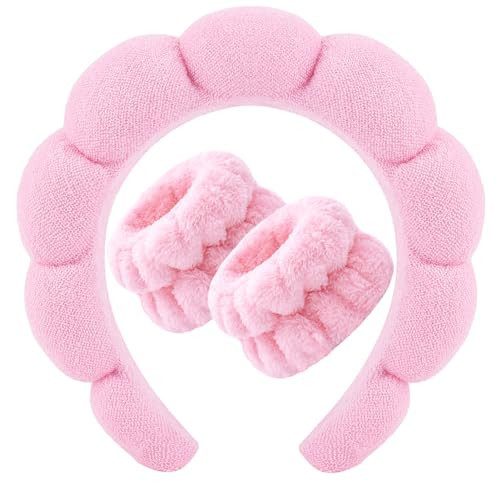 Zkptops Spa Headband for Washing Face Wristband Set Sponge Makeup Skincare Headband Terry Cloth Bubble Soft Get Ready Hairband Women Girl Puffy Padded Headwear Non Slip Thick Hair Accessory(Pink-2) | Amazon (US)