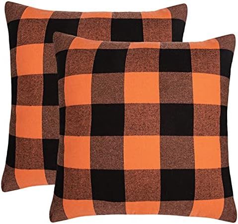 Ouddy Set of 2 Farmhouse Buffalo Plaid Pillow Covers, Halloween Pillow Covers 18x18 Cotton for Fa... | Amazon (US)