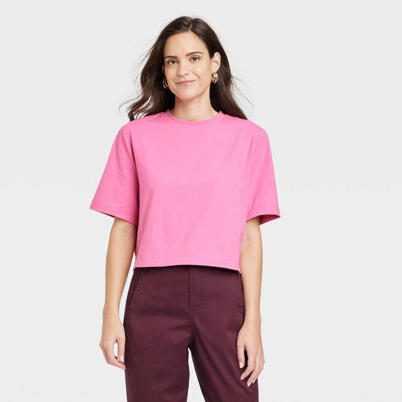 Women's Elbow Sleeve Boxy Cropped T-Shirt - A New Day™ Black S | Target