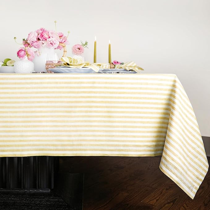 Solino Home Linen Tablecloth 60 x 120 Inch - Amalfi Stripe 100% Pure Linen Primrose Yellow and Wh... | Amazon (US)