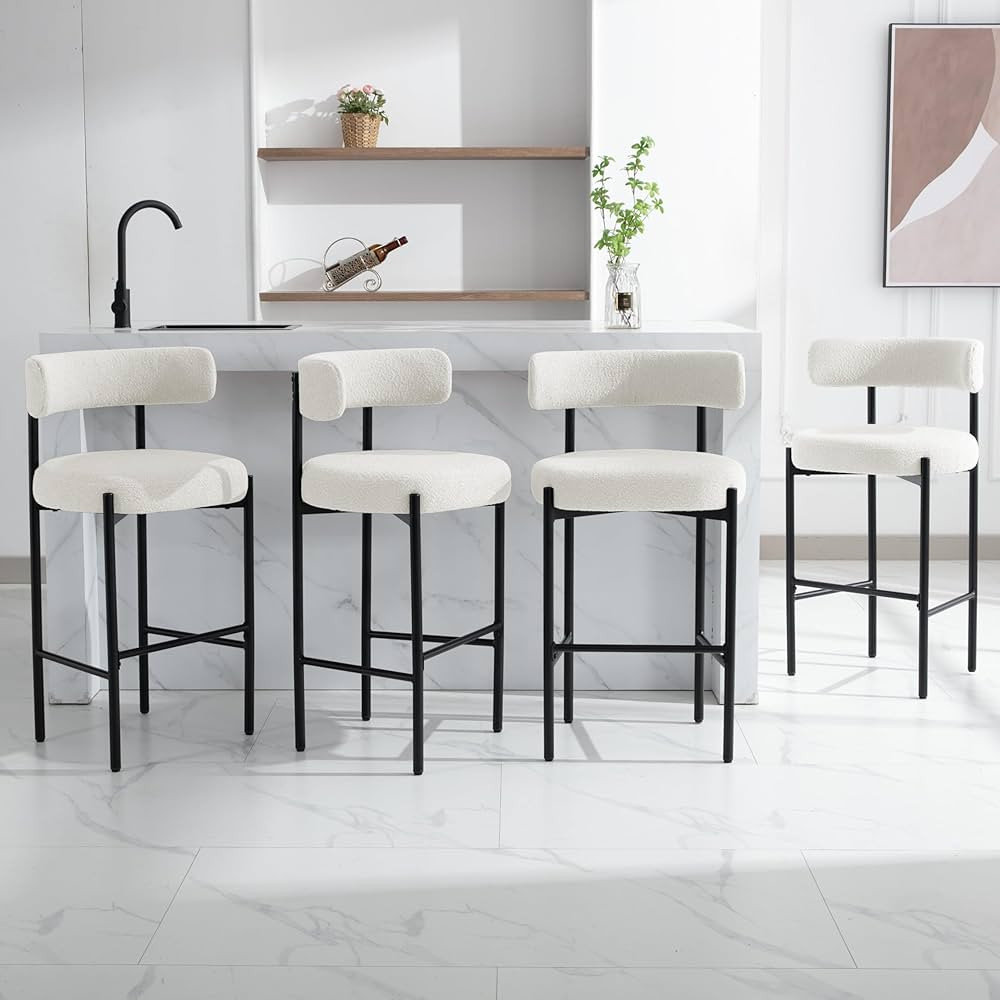28'' Boucle Bar Stools Set of 4, White Bar Stools with Backs, Bar Height Stools for Kitchen Islan... | Amazon (US)