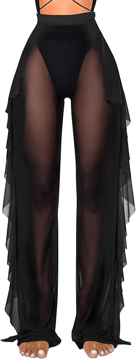 Jumppmile Women's Ruffle Sheer Mesh Swimwear Bikini Cover Up Pants See Through | Amazon (US)