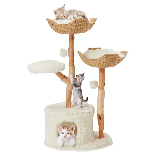 Wooden Modern Cat Tree, Cute Cat Tree with Scratching Post, Modern Cat Condos with Jumping Platforms and 2 Cat Beds, Luxury Cat Tree House, Cat Tower for Indoor Cats - Velvet White | Amazon (US)