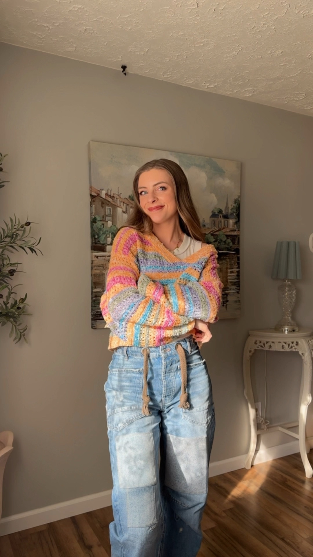 Rainbow colorful open knit cropped striped sweater, spring sweaters, bright fun colorful sweater for spring, we the free people Kate tank ivory, chunky necklace stack, custom charm necklace gold hardware, affordable Amazon jewelry, twisted hoop earrings, free people moxie barrel jean, cropped jeans for spring, medium wash denim, blue bright converse high top platform sneakers

#LTKStyleTip #LTKShoeCrush #LTKFindsUnder100