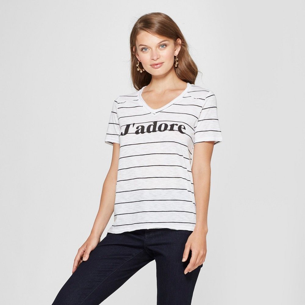 Women's Short Sleeve J'adore Striped Graphic T-Shirt - Grayson Threads (Juniors') Black/White L | Target