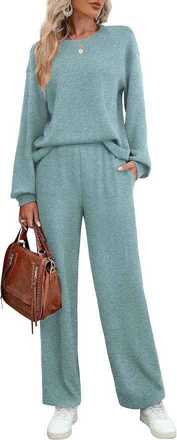 WIHOLL Womens Sweatsuits Sets Long Sleeve Crewneck Top Wide Leg Pants Two Piece Outfits | Amazon (US)