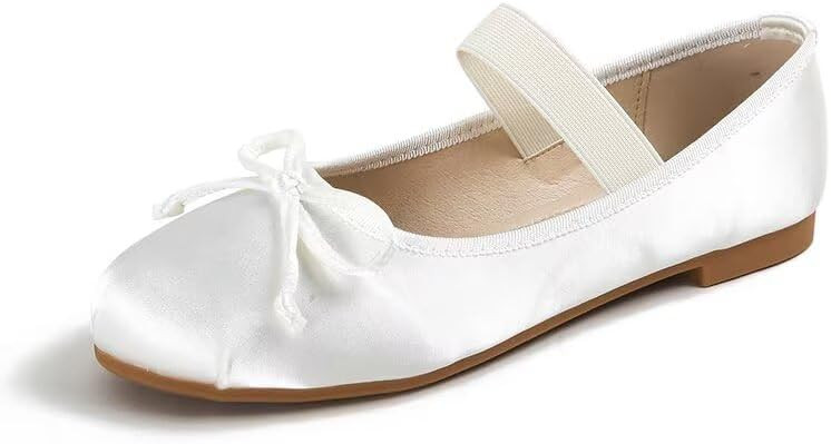 JOEupin Women's Satin Mary Jane Flats - Elegant Round Toe Ballet Shoes with Elastic Strap and Bow... | Amazon (US)