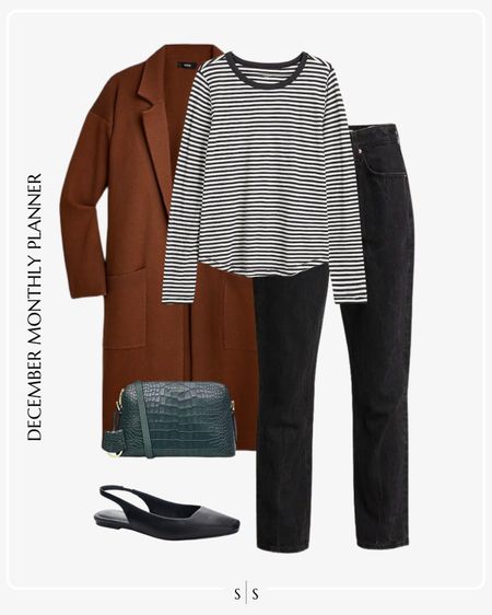 Monthly outfit planner: DECEMBER: Winter looks | long knit coat, striped long sleeve tee, black jean, slingback flat, croc crossbody 

See the entire calendar on thesarahstories.com ✨

#LTKstyletip