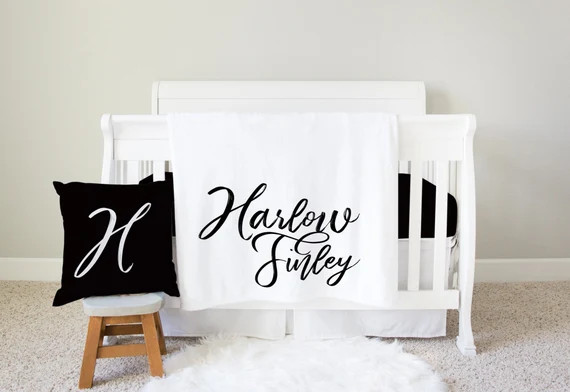 Personalized modern baby blanket simple white with black name monogram - Buttery soft minky | Etsy (US)