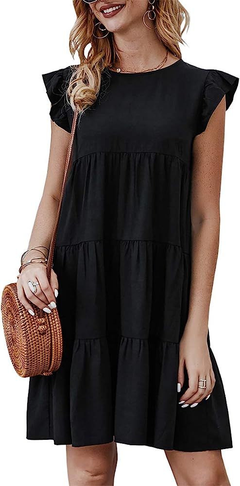 KIRUNDO Women’s Summer Dress Sleeveless Ruffle Sleeve Round Neck Mini Dress Solid Color Loose F... | Amazon (US)