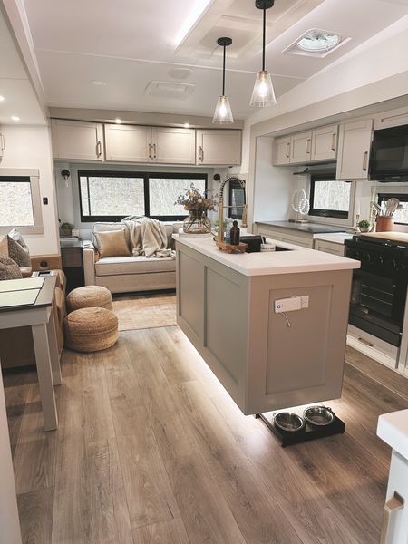 RV kitchen and living room with kitchen pendants and island 🫶🏼 

#LTKstyletip #LTKhome