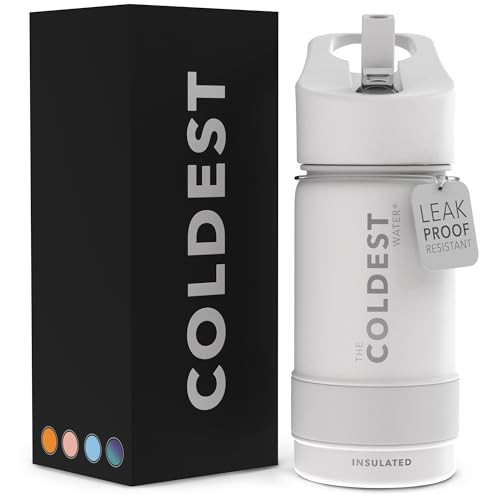 Coldest Sports Water Bottle - Straw Lid Bottle with Handle Leak Proof, Vacuum Insulated Stainless Steel, Double Walled, Thermo Mug, Metal | White 14 oz | Amazon (US)