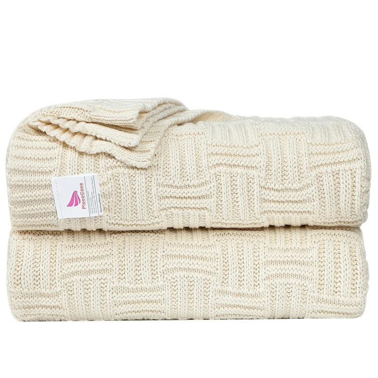 PiccoCasa 100% Cotton Knitted Throw Blanket for Couch Home Office Hotel Blanket Beige 50"x60" | Walmart (US)
