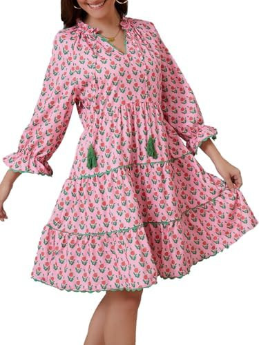 Women's Boho Floral Mini Dress Printed Tiered Ruffle Long Sleeve V Neck Summer Dress | Amazon (US)