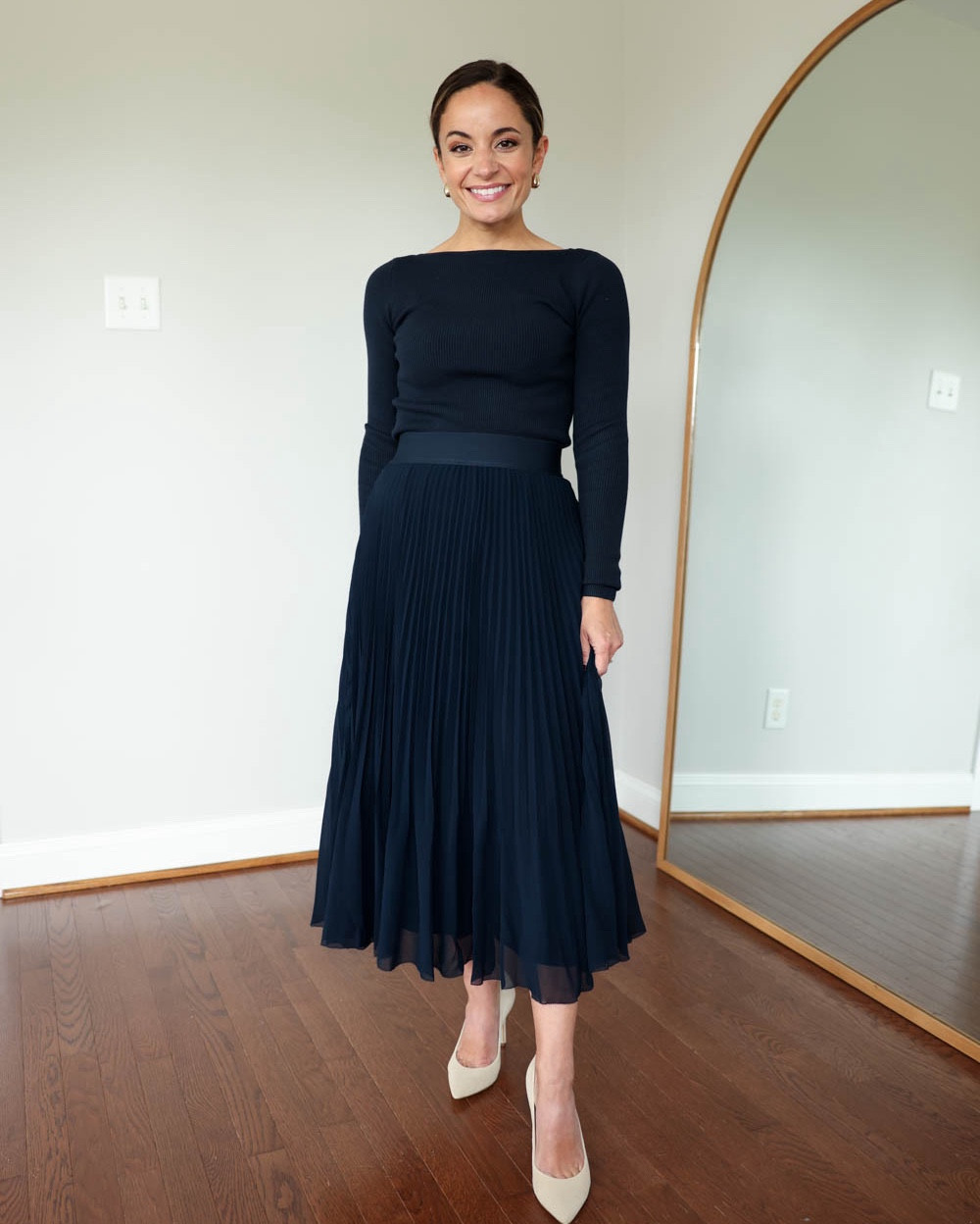 Four ways to style navy for work!

Outfit 1:
Wilfred Navy Marie Sweater (Aritzia): XS 
Wilfred Twirl Skirt (Aritzia): XS
Shoes: tts

Outfit 2:
Pants (Abercrombie): 24 short - they have an 11.5” rise and a 28” inseam in short (I need a low heel with them). True to size! 
Navy top (aritzia): xs 
Navy Blazer (banana republic factory): petite xxs (sold out in navy) 
Boots: tts 

Outfit 3:
Jeans (J.Crew): petite 24 
Navy sweater (Other Stories): xs 
Tan bag is from Polene unable to link it 
Shoes: tts 

Outfit 4:
Ponte straight pants (LOFT): petite xxs - true to size, pull on style with lots of stretch (leggings level stretch). 10” rise 26” inseam 
Green cardigan (Quince): xs 
Dotted navy top (LOFT): petite xxs - true to size 
Shoes: tts

My measurements for reference: 4’10” 105lbs bust, waist, hips 32”, 24”, 35” size 5 shoe. 25” inseam measurement to my ankle bone.

#LTKWorkwear #LTKStyleTip #LTKSeasonal