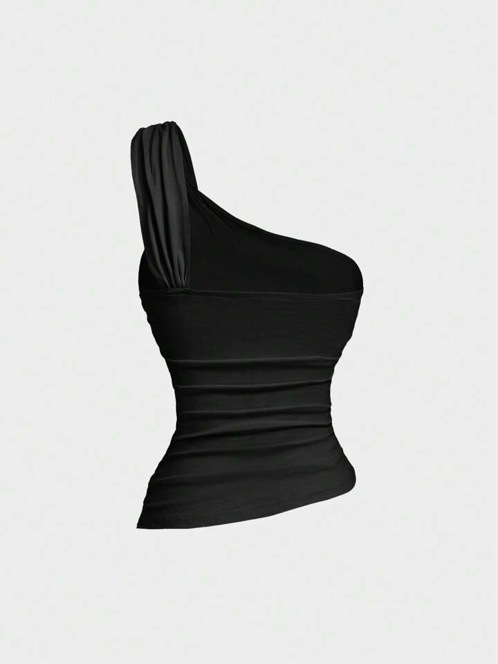 SHEIN MOD Plus Size Women's Gold Brooch Decor One Shoulder Strap Top, Party, Shiny Top | SHEIN