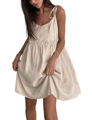 UANEO Summer Dresses for Women 2024 Cotton Linen Mini Sleeveless Tie Strap Dress Sundress | Amazon (US)