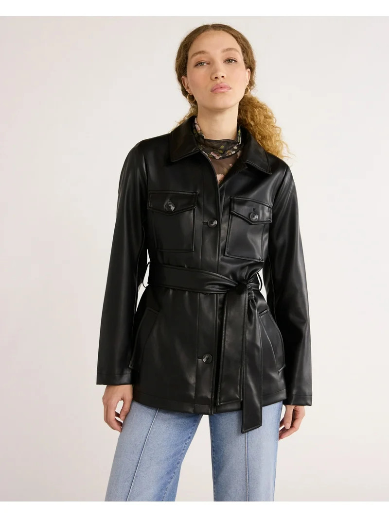 Time and Tru Women's and Women's Plus Faux Leather Cropped Belted Trench, Sizes XS-3X | Walmart (US)