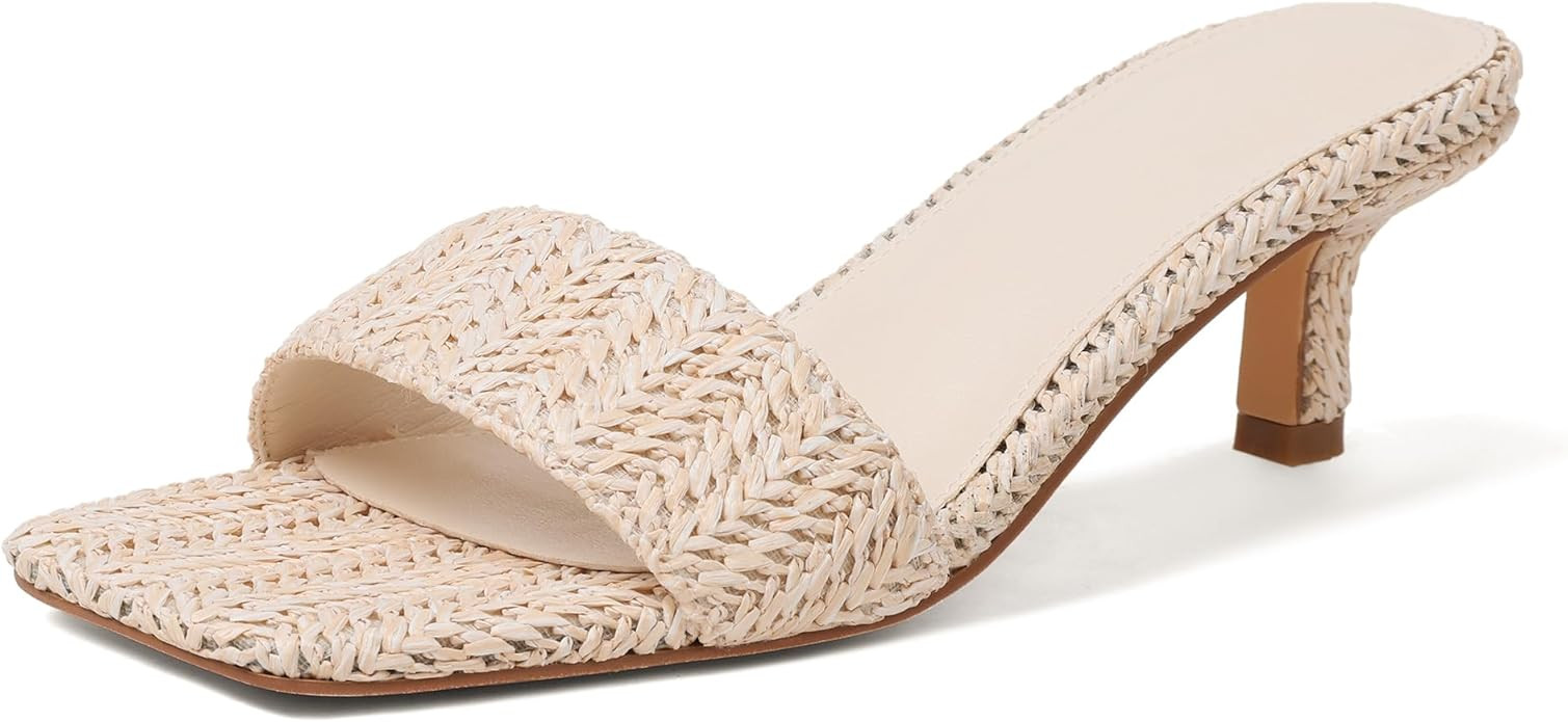 Amazon.com | Ancomafio Kitten Heel Sandals Raffia Low Heels 2 Inch Square Open Toe Sandals for Wo... | Amazon (US)