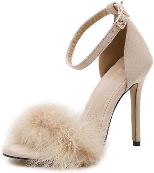 YIBLBOX Women's Open Toe Sandal Fluffy Feather Lace Up Strappy High Heel Shoes | Amazon (US)