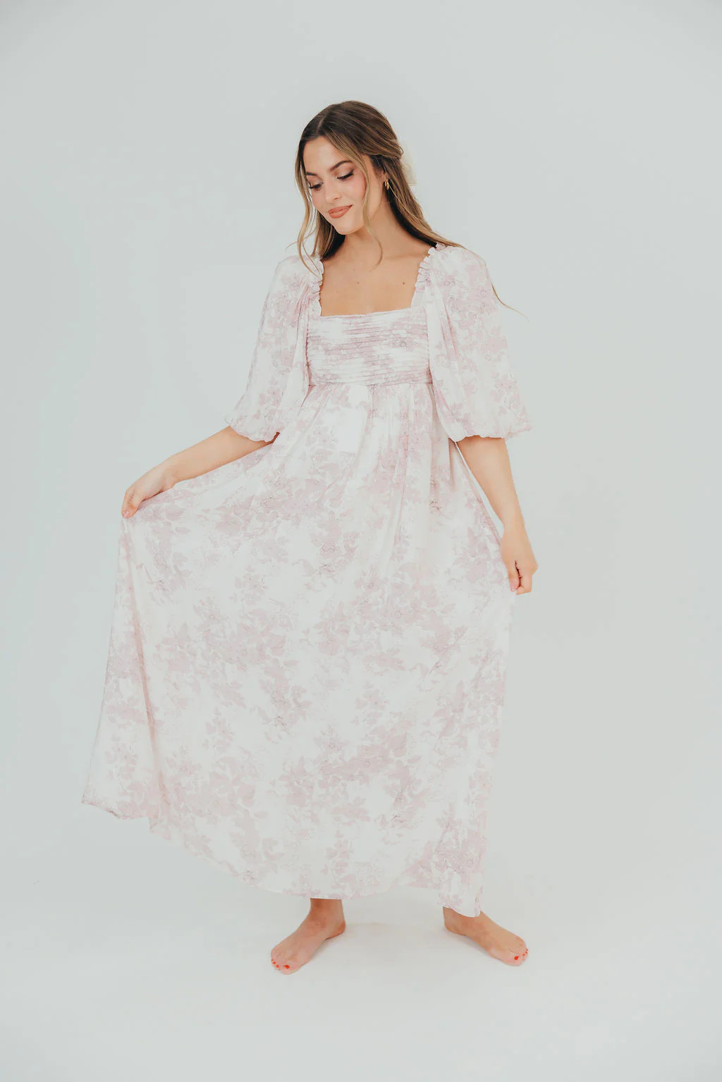 Melody Maxi Dress with Pleats and Bow Detail in Pink Toile - Bump Frie | Worth Collective