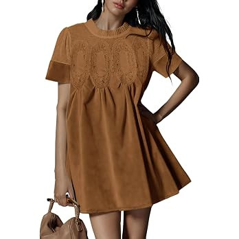 Athlisan Womens Faux Suede Mini Dress Lace Patchwork Short Sleeve Crew Neck A Line Babydoll Dress... | Amazon (US)