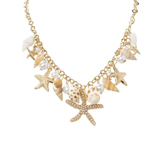 Shell Starfish Necklace Conch Statement Necklaces for Women Pearl Charm Choker Necklace Summer Surfer Seashell Beach Starfish Necklaces Ocean Jewelry (Gold2) | Amazon (US)